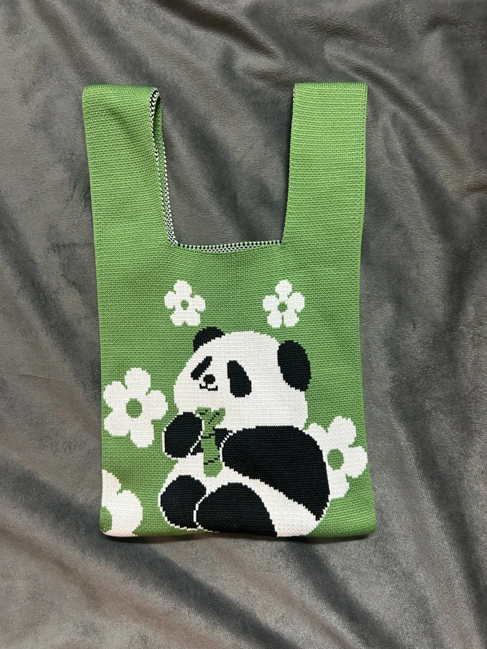 Green Panda Knit Kids Shoulder Bag - Cute Floral Tote